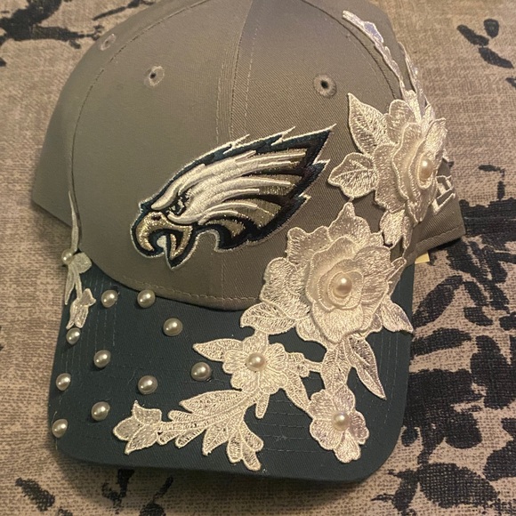 Gray and Black Eagles Cap with Floral Embellishments and pearls